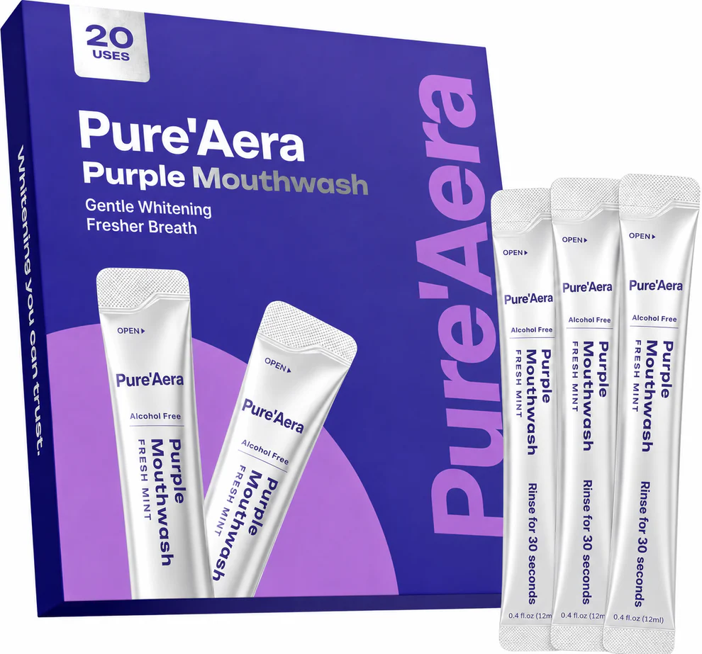 Pure'Aera Purple Mouthwash™  Purple Whitening Strips Purple colour correction meets PAP whitening. Two technologies in one strip, 30-60 minutes per session.