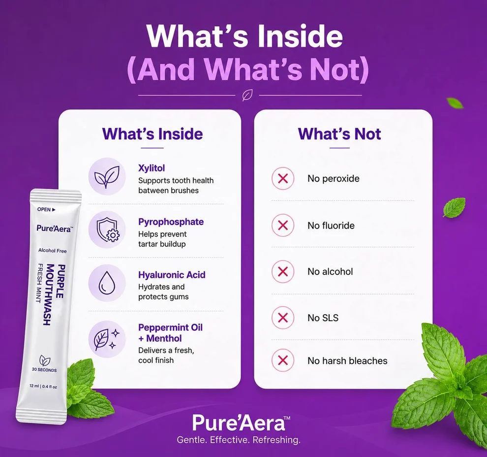 Pure'Aera Purple Mouthwash™  Purple Whitening Strips Purple colour correction meets PAP whitening. Two technologies in one strip, 30-60 minutes per session.