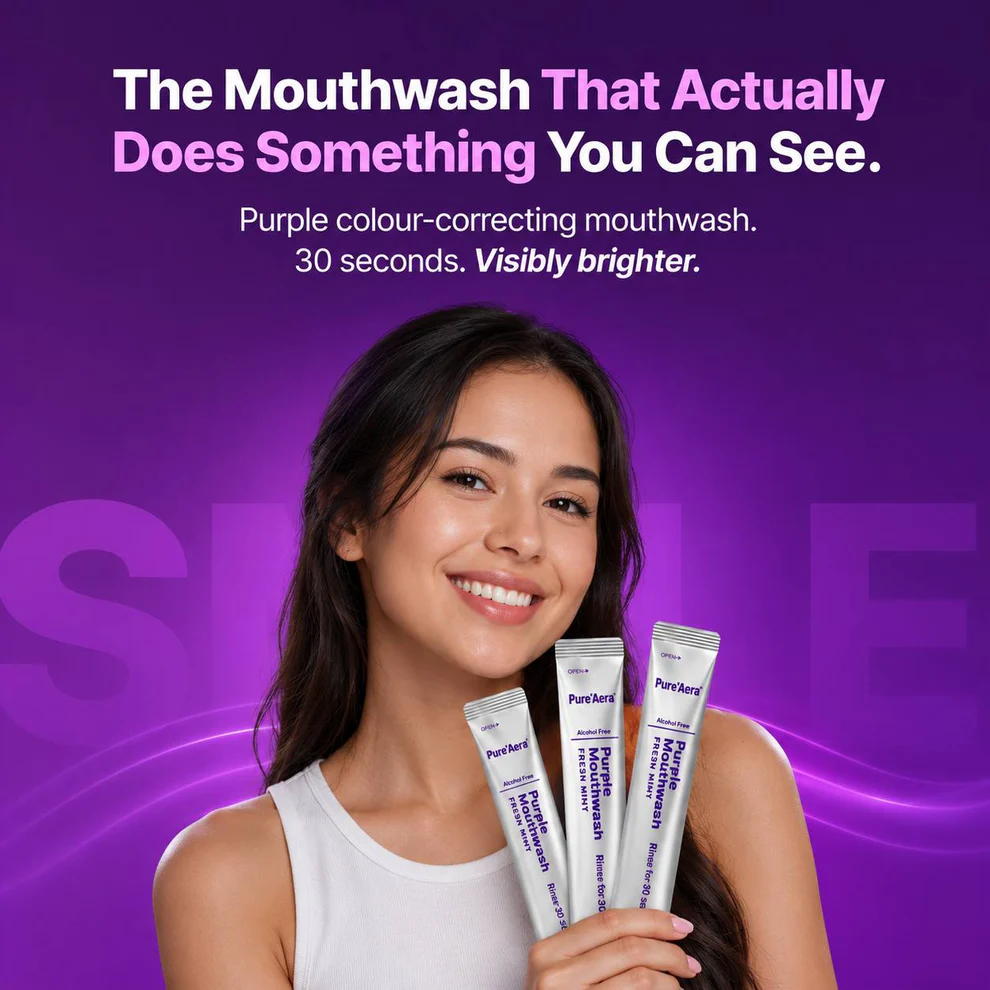 Pure'Aera Purple Mouthwash™  Purple Whitening Strips Purple colour correction meets PAP whitening. Two technologies in one strip, 30-60 minutes per session.