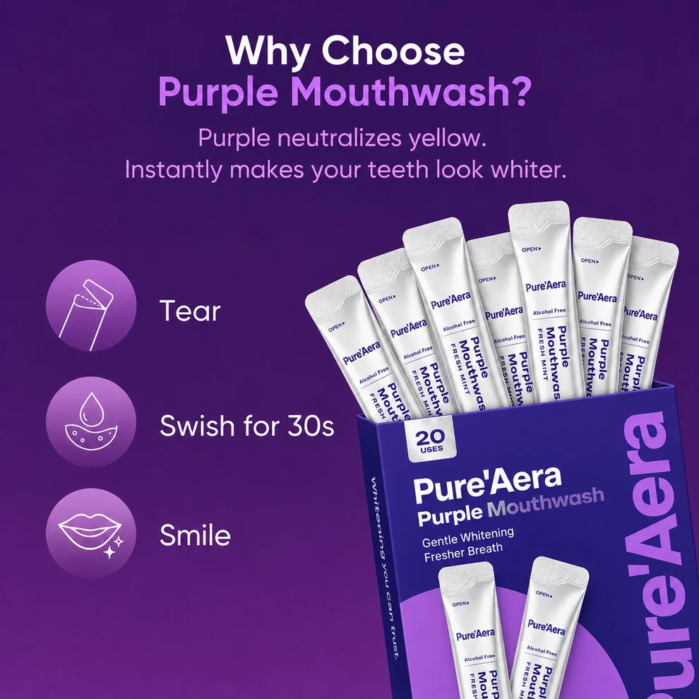 Pure'Aera Purple Mouthwash™  Purple Whitening Strips Purple colour correction meets PAP whitening. Two technologies in one strip, 30-60 minutes per session.