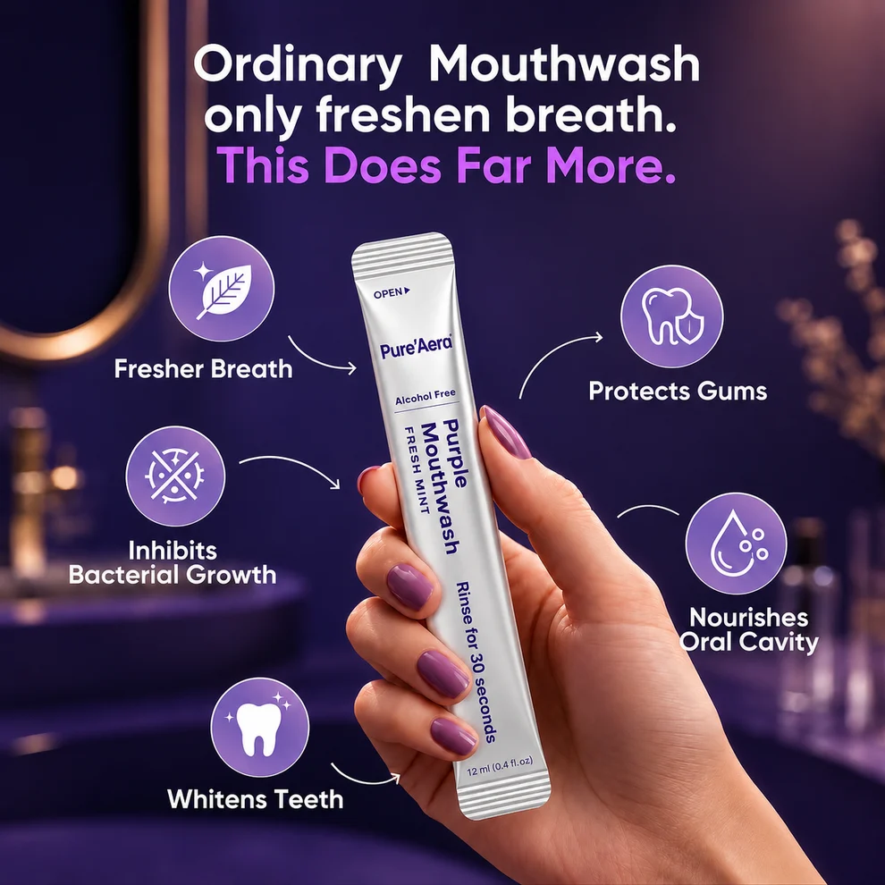 Pure'Aera Purple Mouthwash™  Purple Whitening Strips Purple colour correction meets PAP whitening. Two technologies in one strip, 30-60 minutes per session.