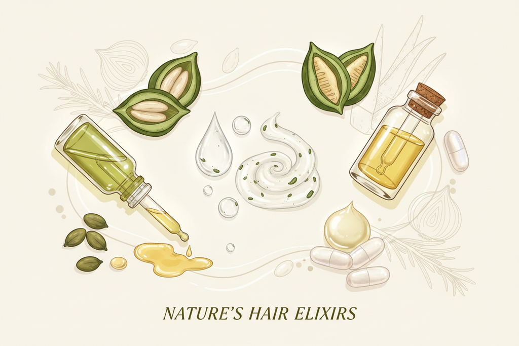 Botanical ingredients showcase - onion hydrosol, aloe vera, rosemary, argan oil