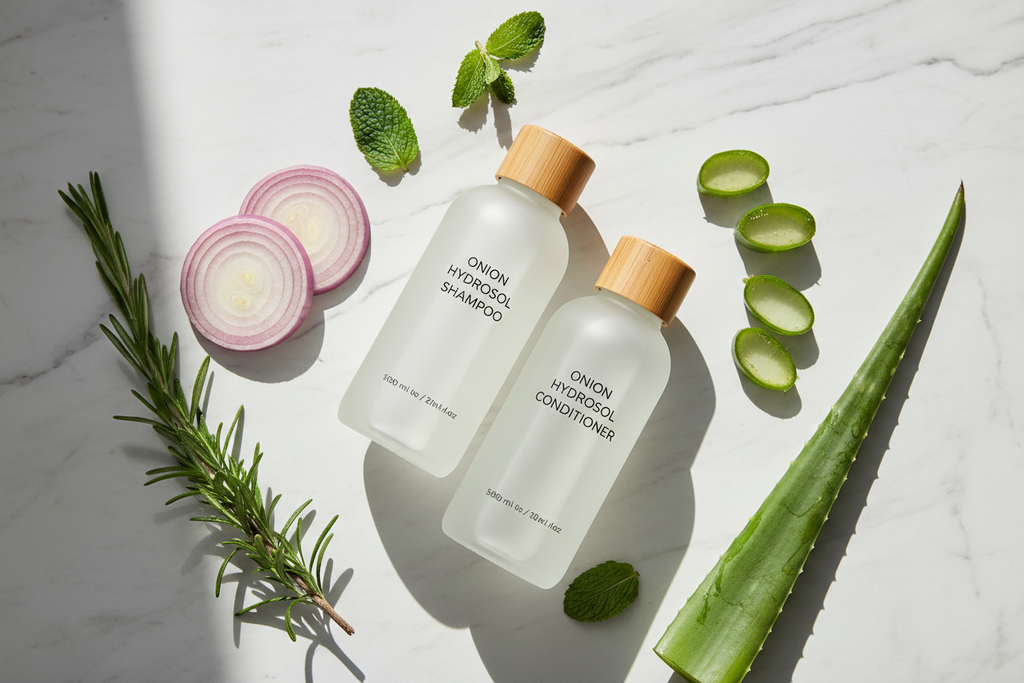 Onion Hydrosol Shower Duo product flat lay with botanical ingredients
